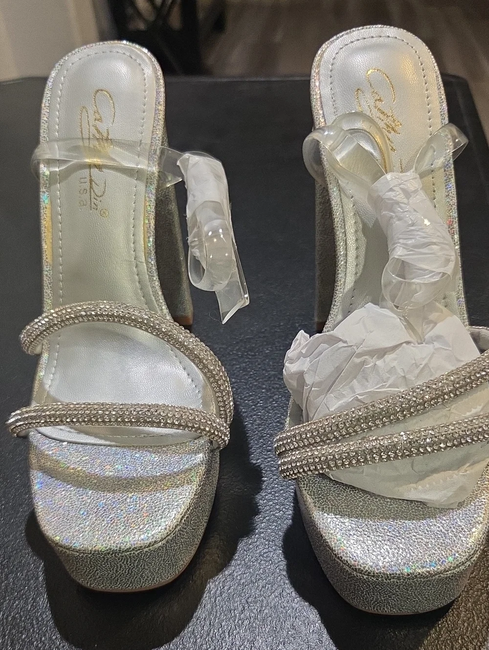 Caparros Silver Iridescent Rhinestone Platform Sandals